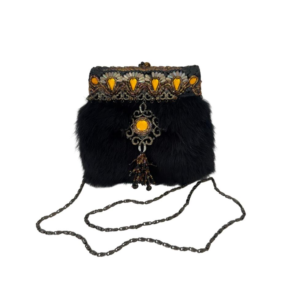 Mary Frances Hardshell Clutch Black Fur Embellished Shoulder Crossbody Bag
